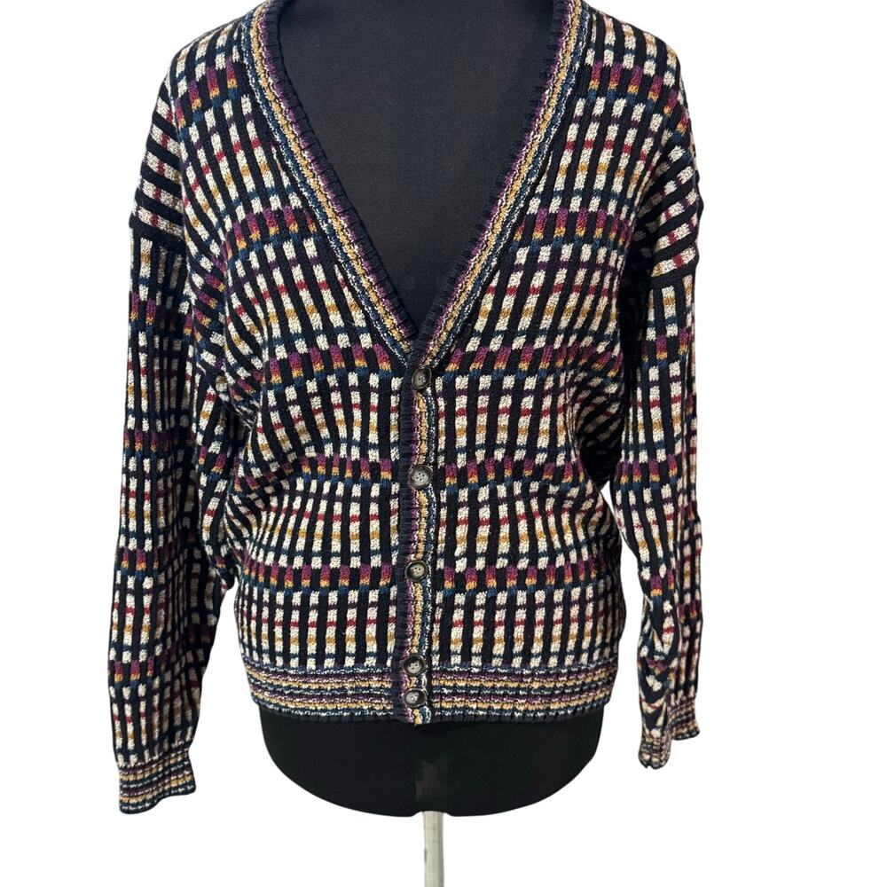 Grandpa Sweater Vintage Cardigan 90s Multicolor Knit  Button Front L‎ Retro